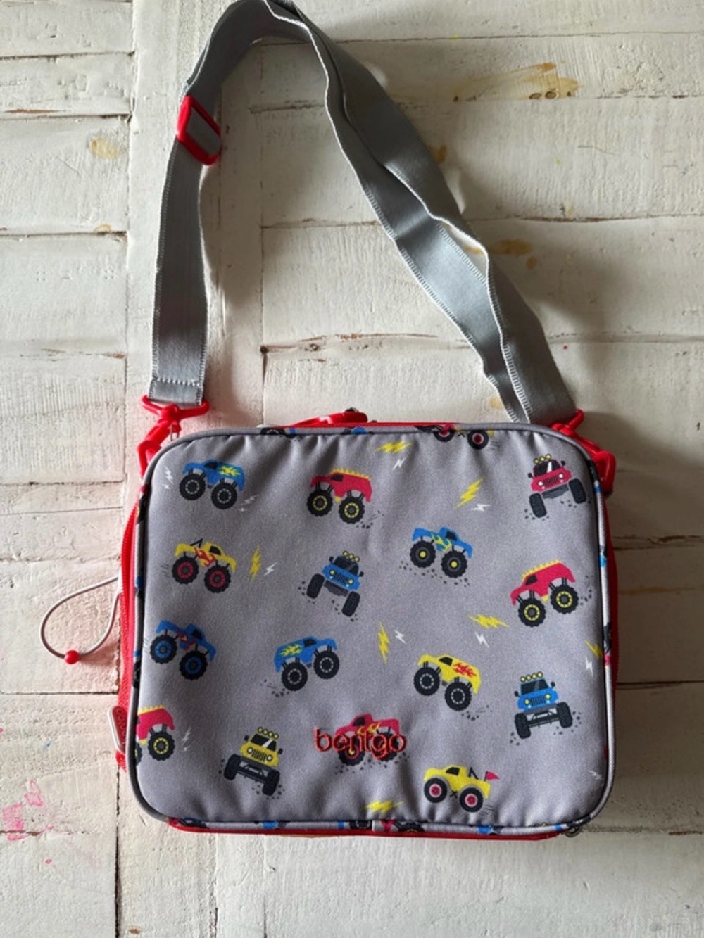 Kids lunch Bag with Monster Truck Print - Gray with Multicolor Trucks